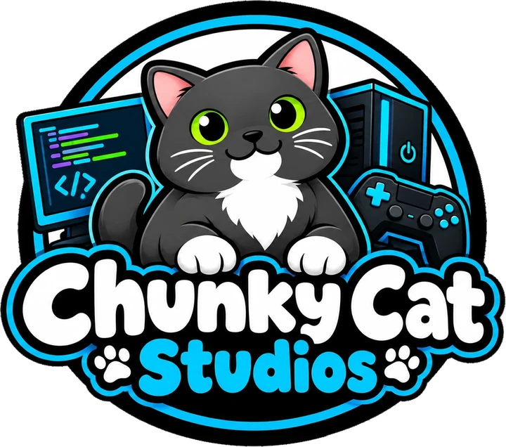 Chunky Cat Studios logo: a chunky gray cat with green eyes in front of a computer and a game controller