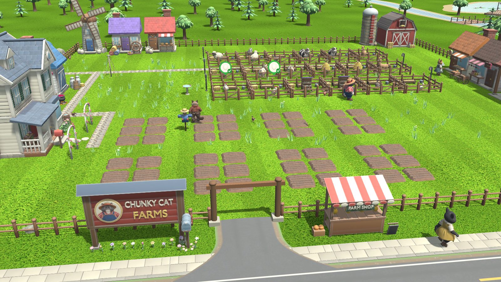 Chunky Cat Farms by day: the farm sign, a farm shop stall, rows of plots, animal pens, the farmhouse, windmill and red barn