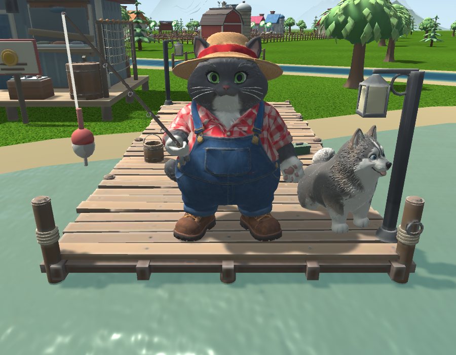 Levi the farmer cat on the wooden jetty holding his fishing rod, the float out on the water, with Koda the husky beside him